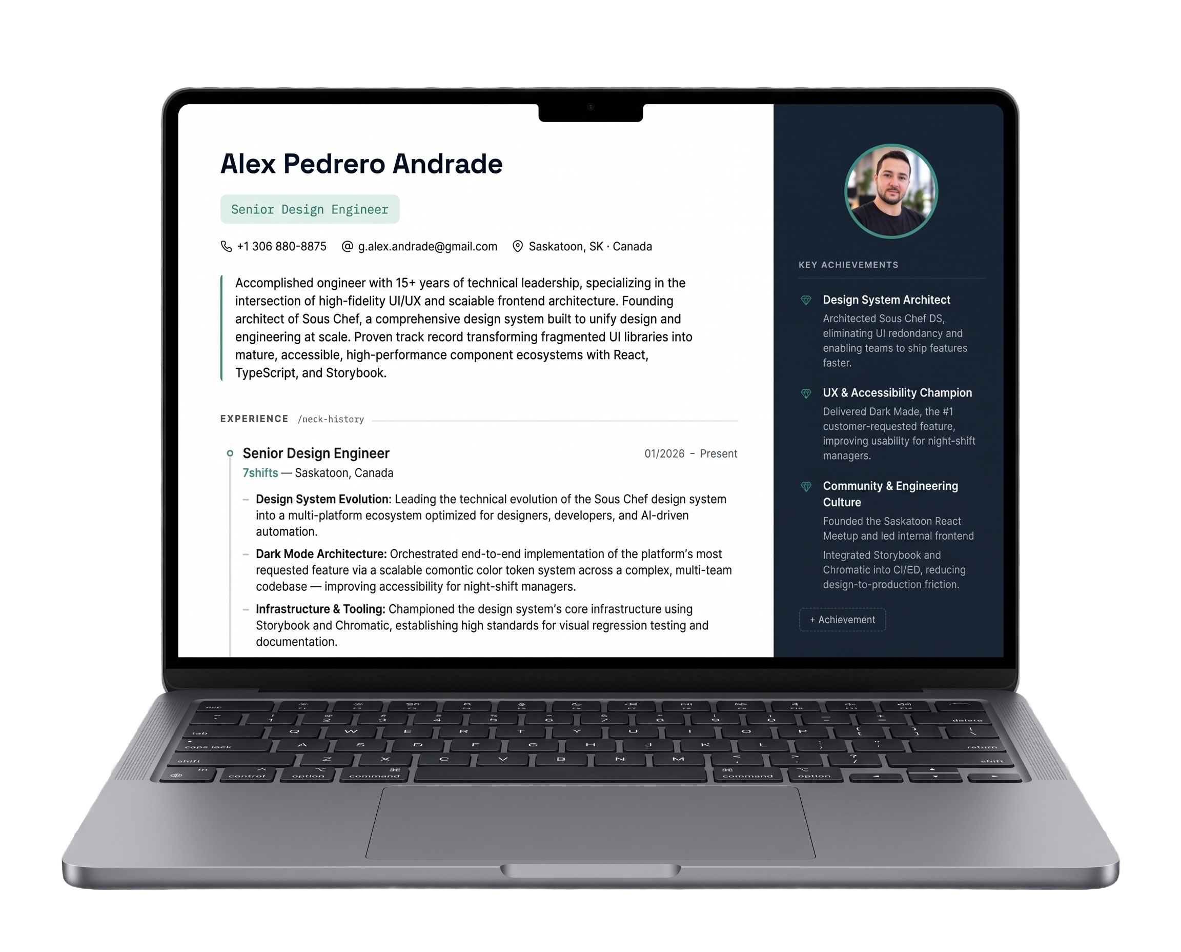 A laptop displaying a polished Rezme resume for Alex Pedrero Andrade, Senior Design Engineer